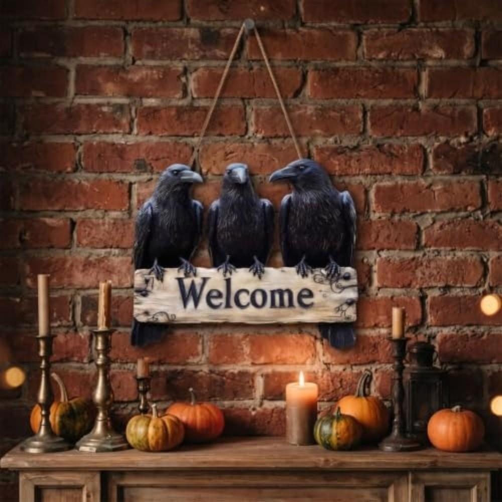 Black Crow Pattern Halloween Door Hanger Wooden Material Wall Hanging Ornament Halloween Decor