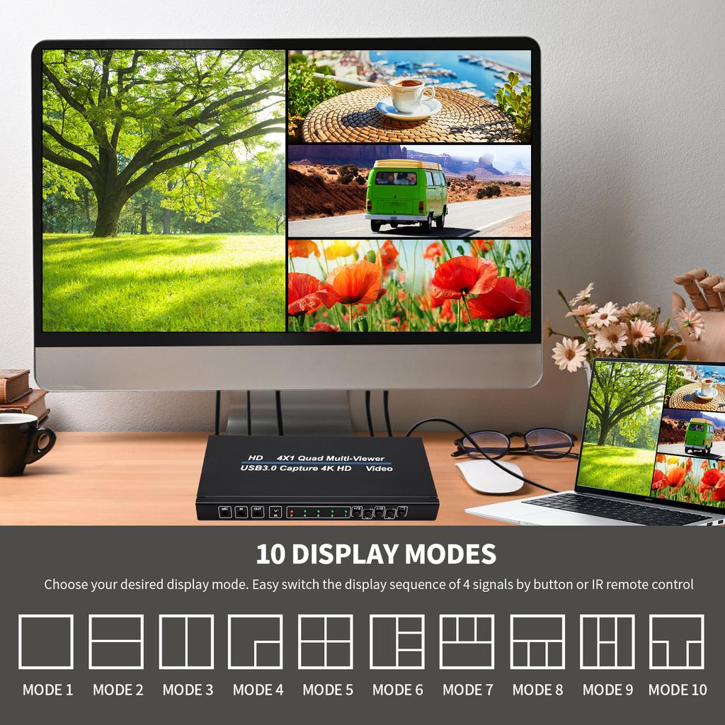 Разветвитель экрана HDTV 4 входа 1 выход Карта видеозахвата USB3.0 Пульт дистанционного управления С многофункциональным режимом «Картинка в картинке» Прямая трансляция