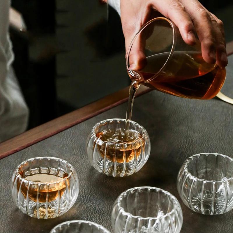 50ml Stripe Double-layer Glass Small Tea Cup Exquisite Heat Resistant Teaware Transparent Pumpkin Shape Puer TeaCup Water Cups