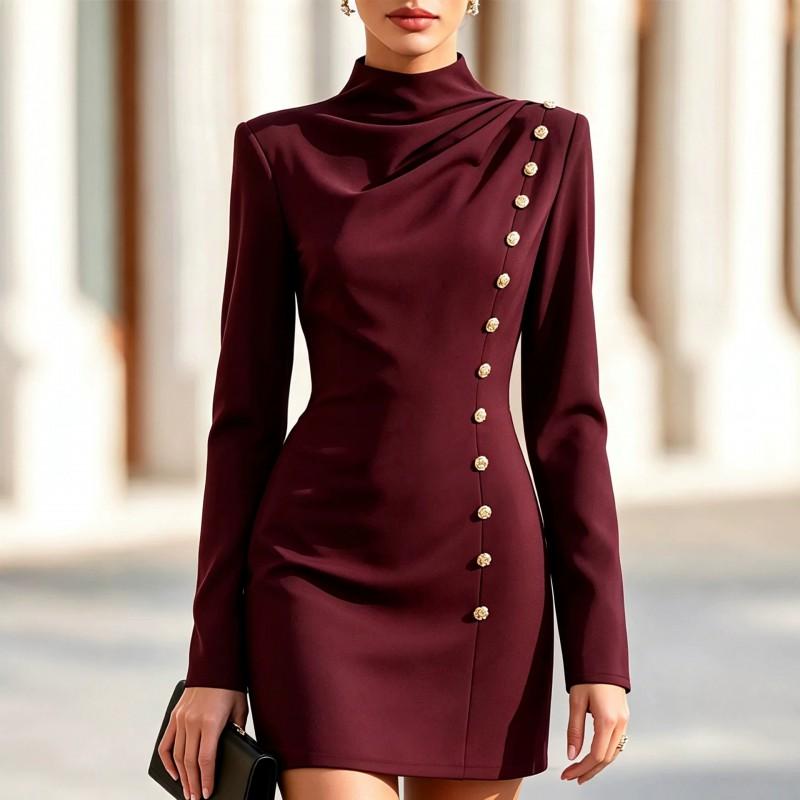 Elegant High-Neck Pleated Fitted Mini Dress With Metal Buttons Long Sleeve Formal Party