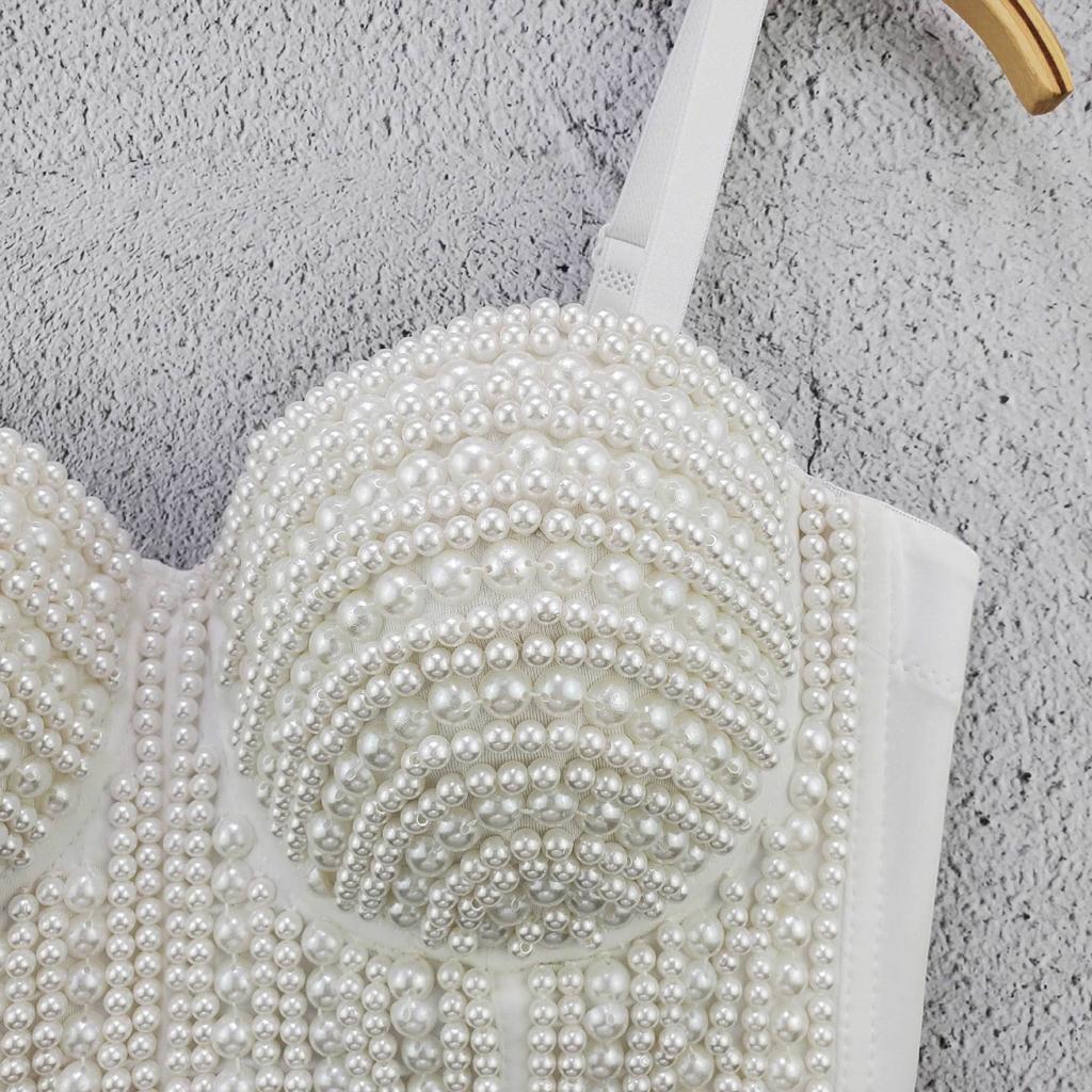 Fashionable Versatile Backless Design Halter Neckline Top with Pearl Beads and Sequins Strapless Youthful Short-sleeve Tank Top Camis & Tank Tops