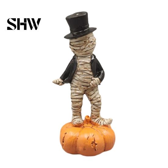 Halloween Sand Table Landscaping Dancing Mummy Figurines with Pumpkin Base, Funny Gentleman Top Party Atmosphere Prop Hat Statue, Spooky Tabletop