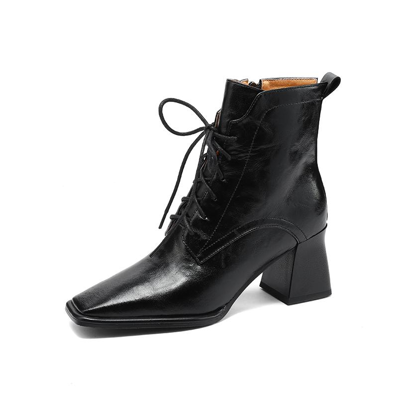 Модные женские осенне-зимние ботинки с квадратным носком и высоким каблуком, черные кожаные ботинки, женские ботинки на шнуровке ручной работы, женские ботильоны