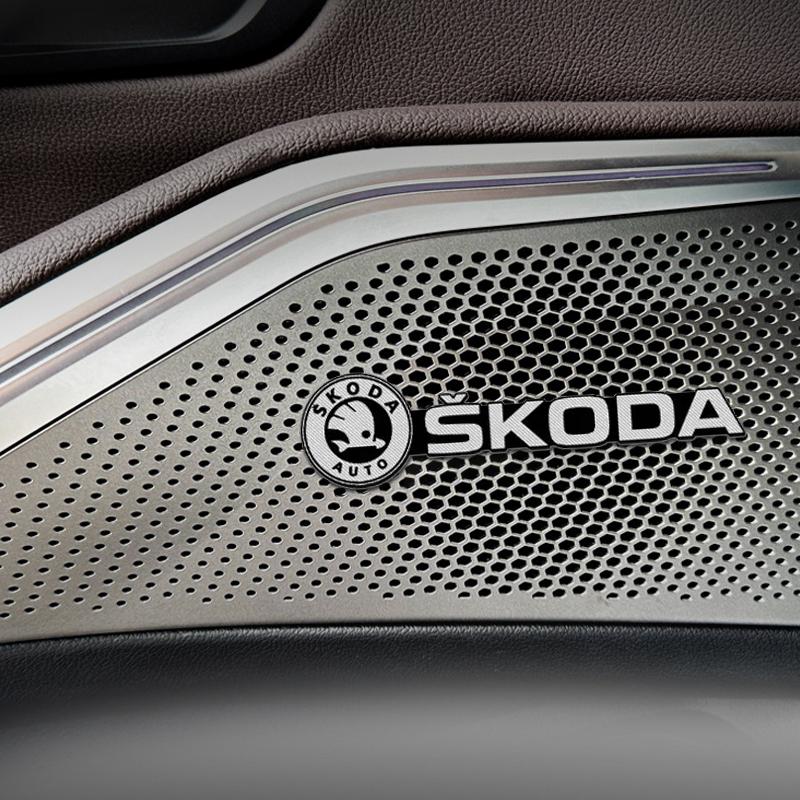AGTQ2 4pcs Car Inner Speaker Decals Audio Sound Badge Stereo Sticker For Skoda Logo Fabia Superb Kamiq Kodiak Yeti Octavia Karoq RS
