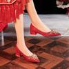 Женские туфли на низком каблуке с острым носком и стразами, удобные туфли на высоком каблуке, красные праздничные свадебные туфли, банкетные туфли
