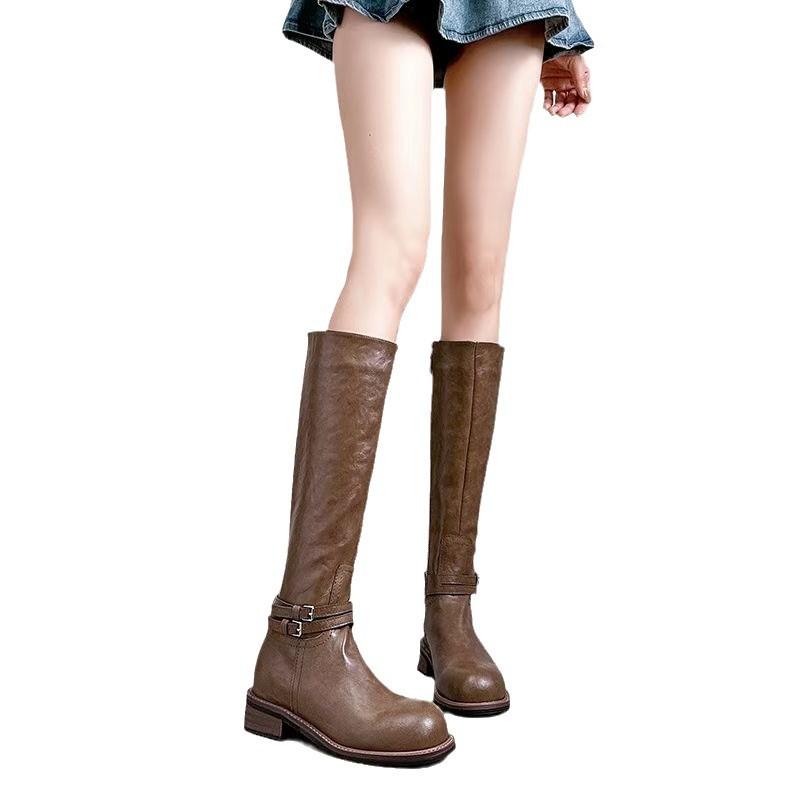 Whole Cowhide~ Washed Leather Belt Buckle Thick-Soled Knight Boots Women'S Boots Side Zipper High Boots Boots Boots