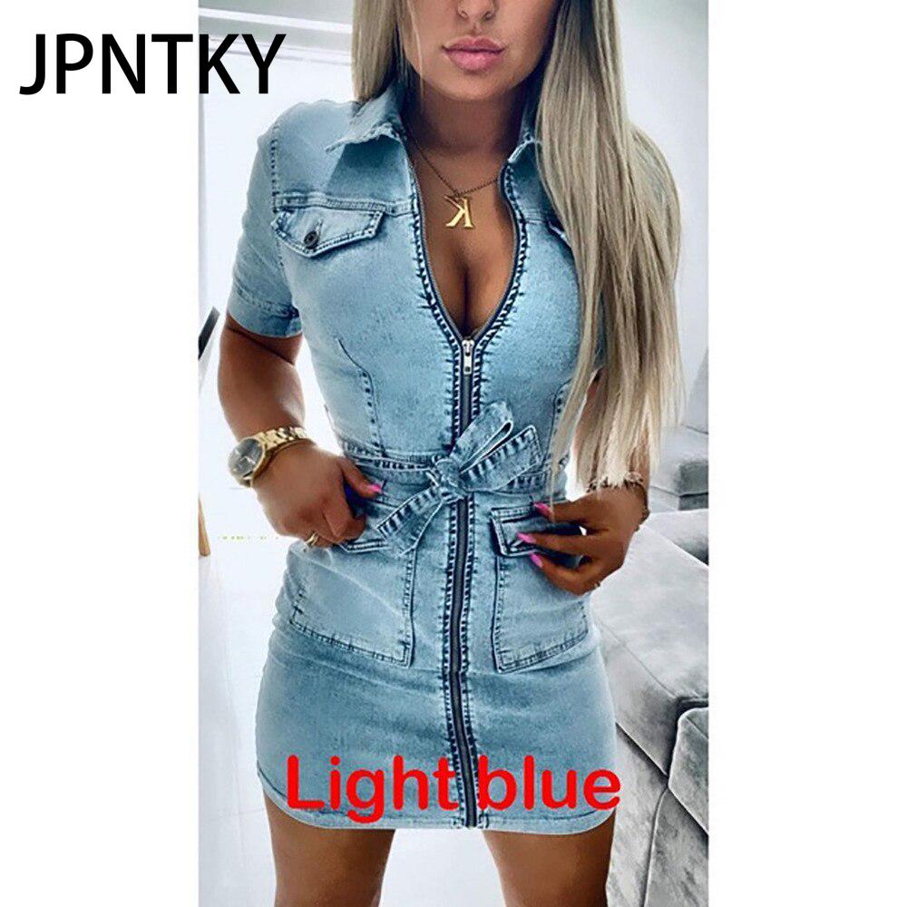 Женское модное джинсовое платье JPNTKY с коротким рукавом, приталенное поясом и застежкой-молнией для лета/весны