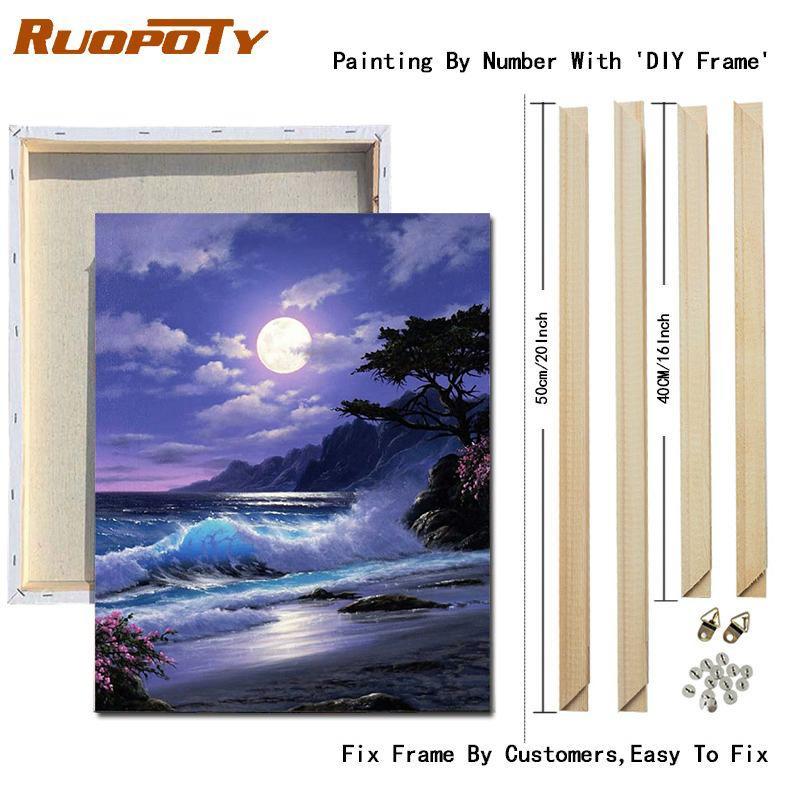 RUOPOTY DIY Painting By Numbers Moon Landscape Acrylic On Canvas Wall Art Picture By Numbers Seaside For Living Room