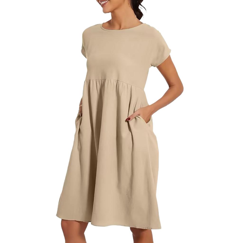 Women's Solid Colour Casual Cotton Linen Dress Short Sleeve Round Neck Pocket Dresses