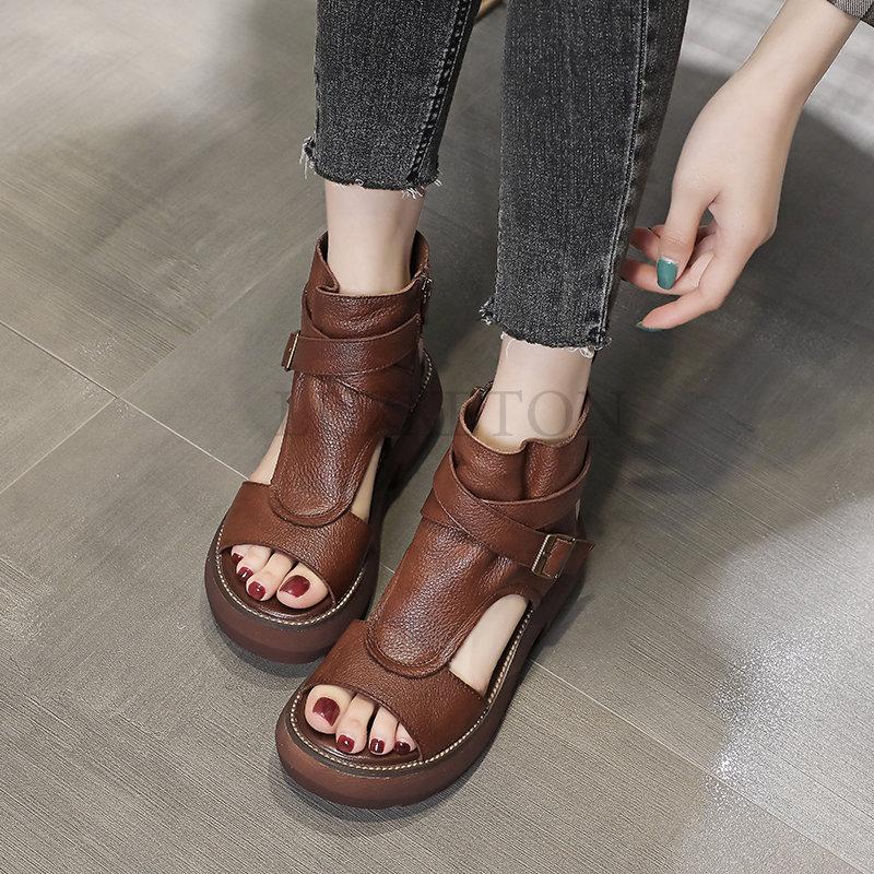 Римские туфли Сандалии с открытым носком на толстой подошве Весна-лето Повседневные сандалии с пряжкой сзади Пустые винтажные сандалии с высоким берцем Босоножки на платформе