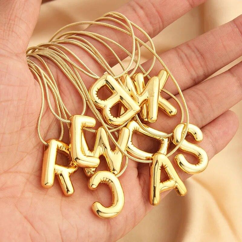 Stainless Steel Gold Color Chunky Alphabet Balloon Bubble Initial Letter Pendant Necklace for Women Charm Necklace Jewelry Gift
