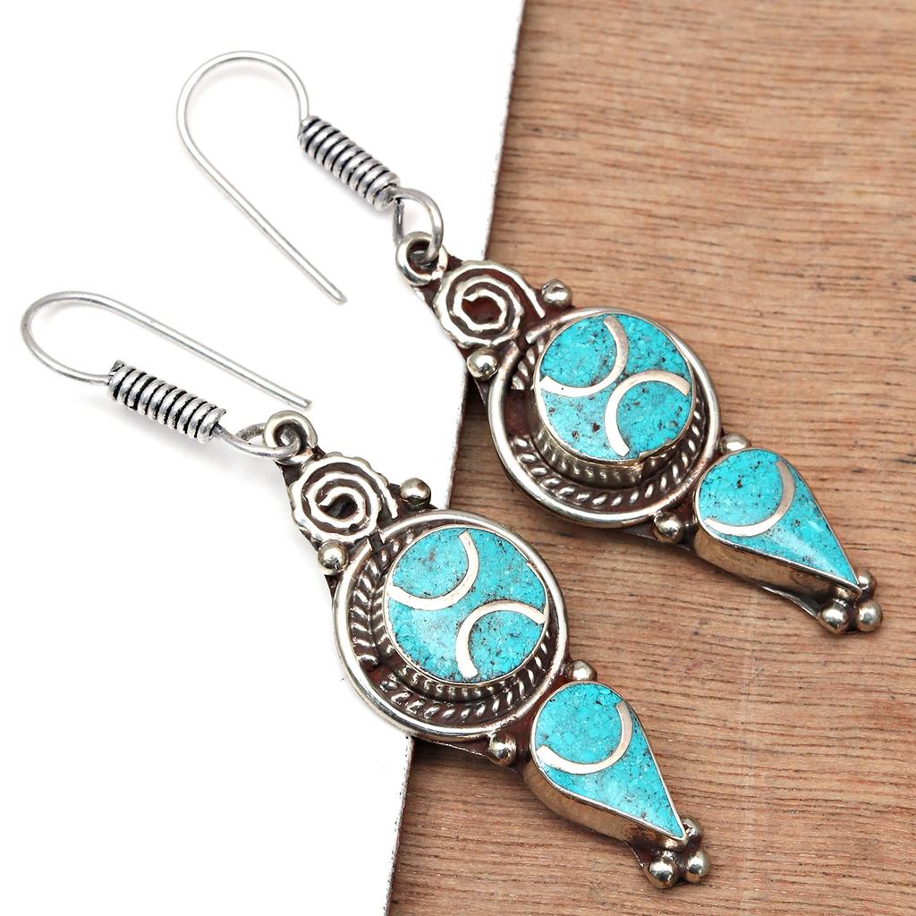 Nepali Tibetan Turquise Lapis Lazuli Gemstone Silver Jewelry Earring 1.5''