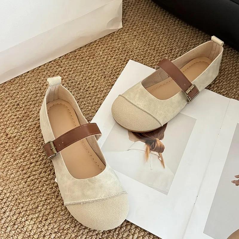 Модные женские туфли-лоферы из замши и кожи, женская обувь в стиле ретро с мягкой подошвой, удобные балетки в корейском стиле с круглым носком, повседневная обувь