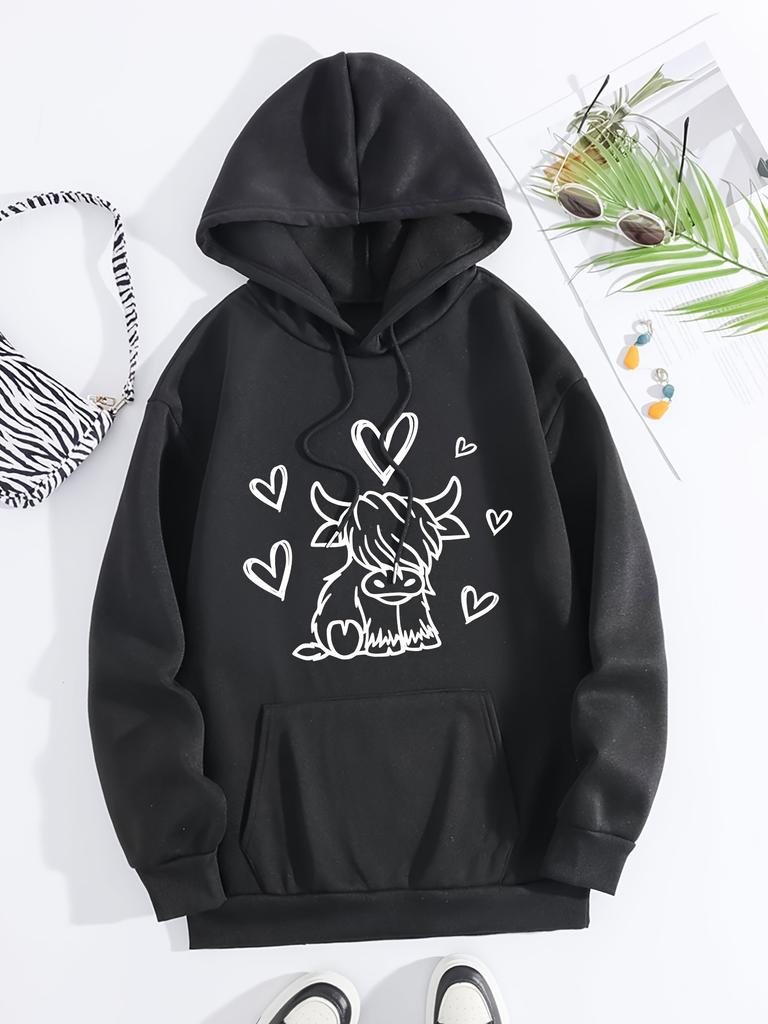 Unisex Fall Autumn Heart Shaped Cow Print Kangaroo Pocket Graphic Hoodie Hooded Sweatshirt Print Casual Top for Daily Wear Weeken