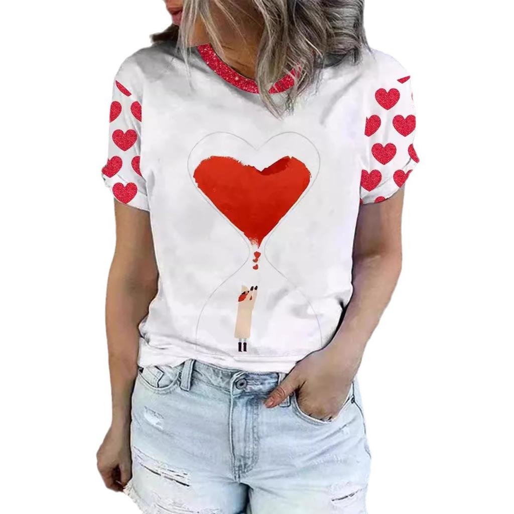 Casual Women's Short Sleeved 3D T-shirt Summer Round Neck Red Heart Printed T-shirt
