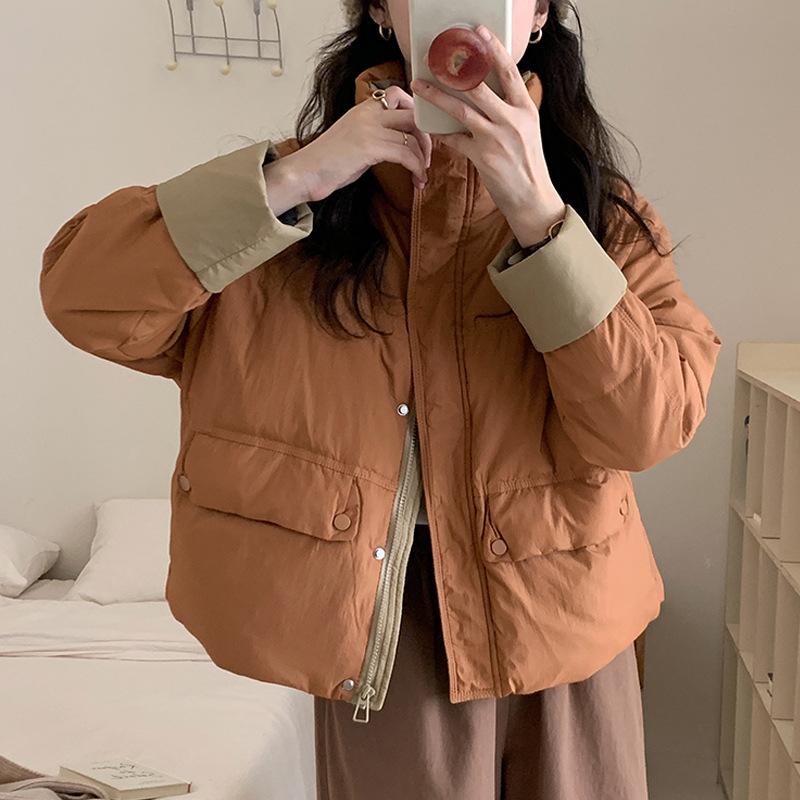 Женское зимнее свободное пальто из утолщенного хлопка в корейском стиле с воротником-стойкой