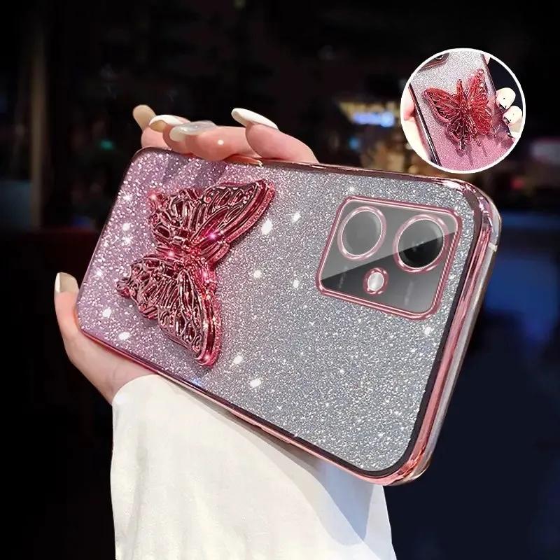 3D Держатель для телефона в виде бабочки, Хрустальный браслет, Блестящий чехол с покрытием для Xiaomi Redmi Note 12 Pro Plus 4G 5G, Задняя крышка