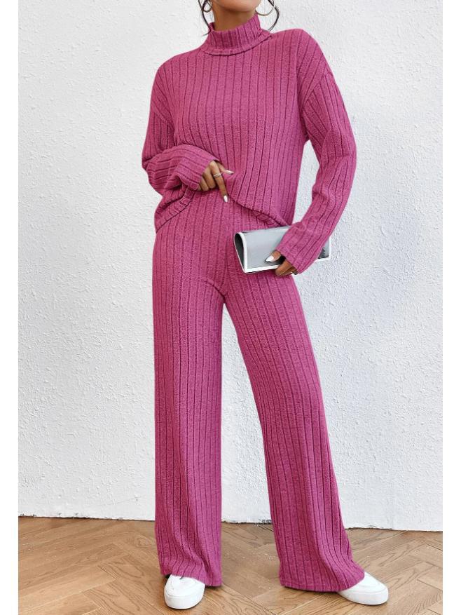 European & American 2023 Autumn/Winter High-Neck Knit Sweater & Loose Trousers Women's Two-Piece Casual Suit