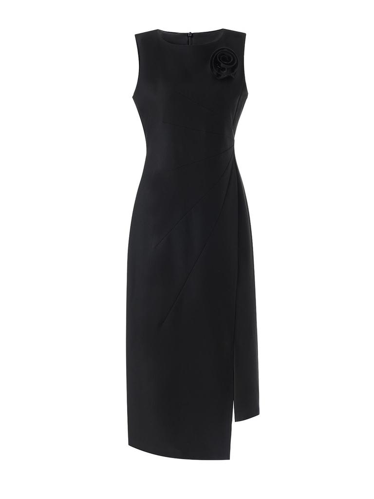 High-Tech Oblique Cut Vest Dress with Flower Brooch - Women's Summer Formal Wear