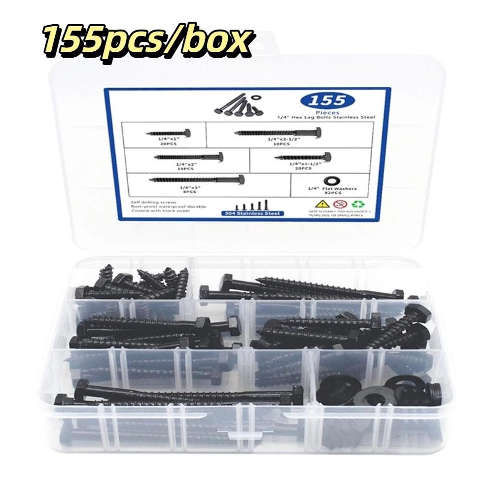 155pcs/box High-Quality Material 304 Stainless Steel Wood Screws Assortment Kit Convenient Storage