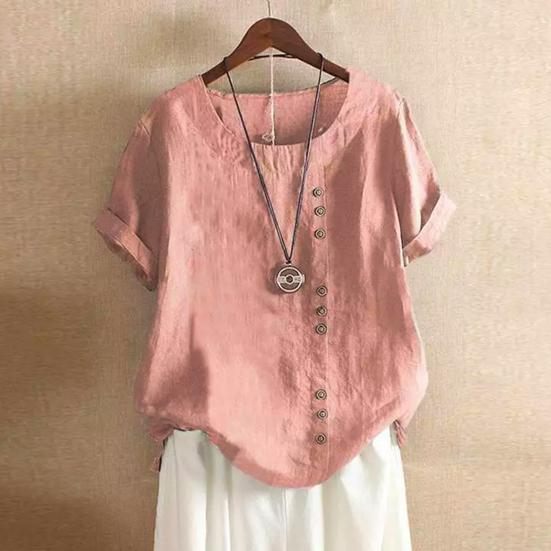 Women Casual Tops O-Neck Short Sleeve Buttons Decor Tee Shirt Loose Fit Solid Color Pullover