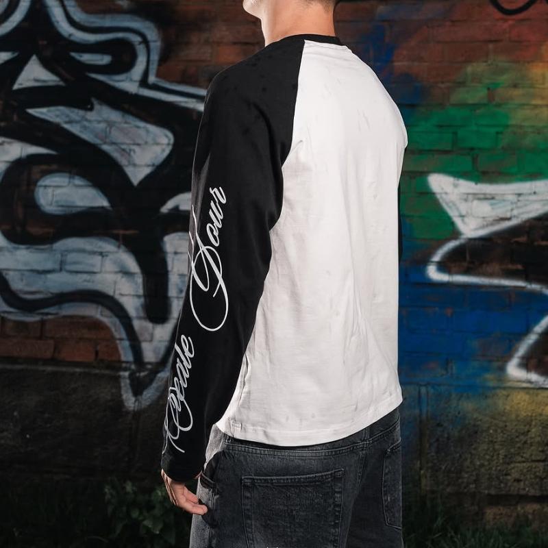 Европейский и американский мужской свободный повседневный топ с круглым вырезом, длинными рукавами и принтом букв, в стиле колор-блок