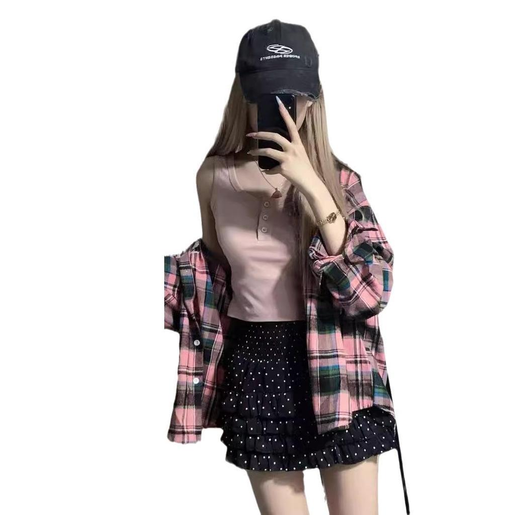 Women's Summer Sun Protection Plaid Shirt Jacket - 2024 Oversized Long-Sleeve Retro Top for Early Autumn.
