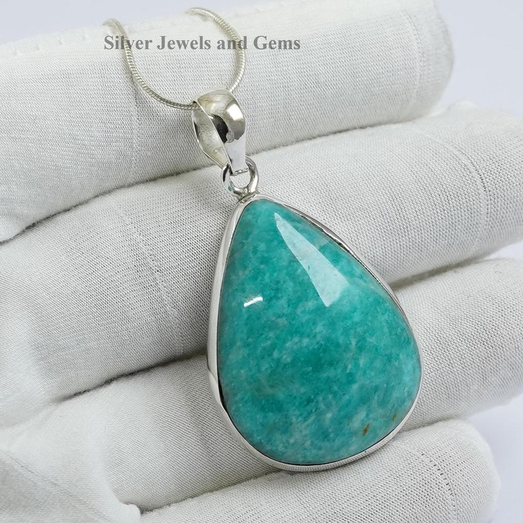Natural Amazonite Pendant, Handmade Pendant, 925 Sterling Silver Pendant, Simple Teardrop Pendant, Gift for Wife