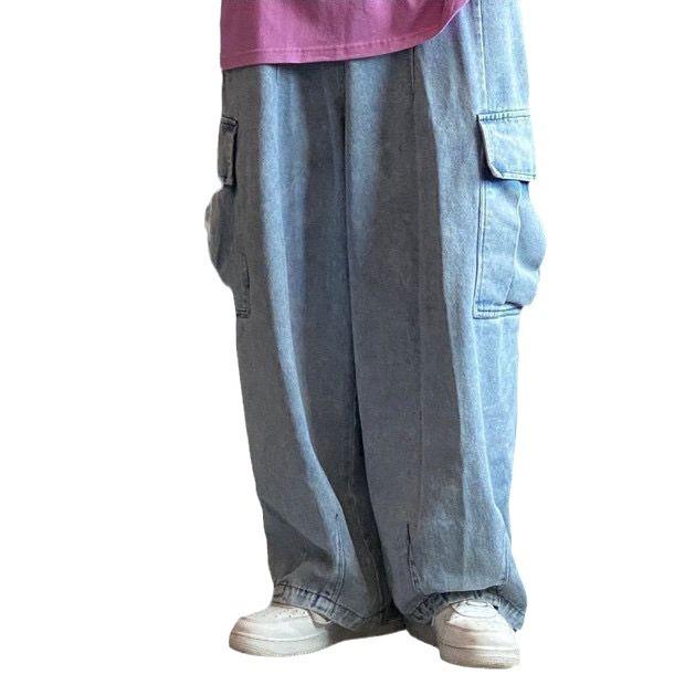 Винтажные выстиранные свободные широкие мужские джинсы с драпировкой, ленивые, рабочие брюки с большими карманами, прямые, старые, папины брюки, большие размеры