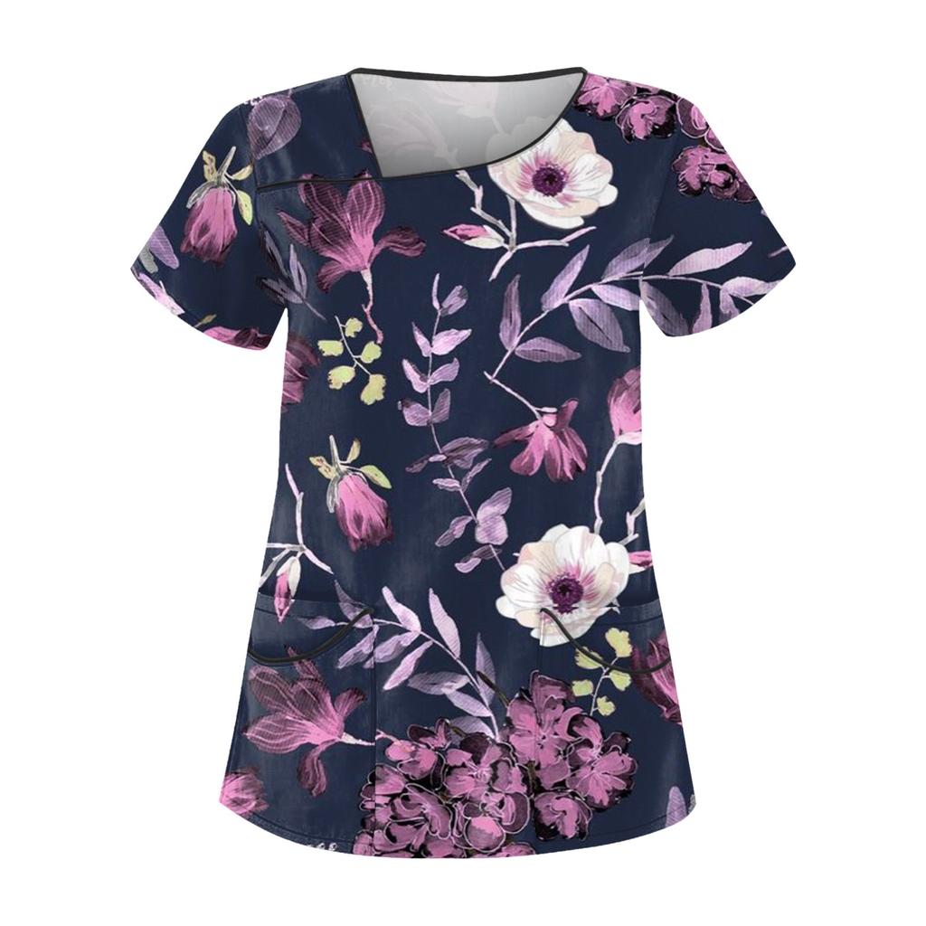 Женская повседневная рабочая одежда с короткими рукавами и принтом, топ с двойным карманом