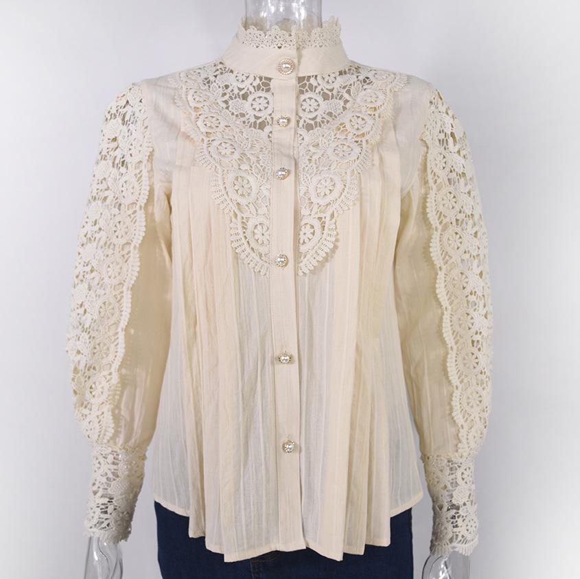 2023 Summer Lace Hollow Long-Sleeve Stand Collar Cotton Women's Shirt
