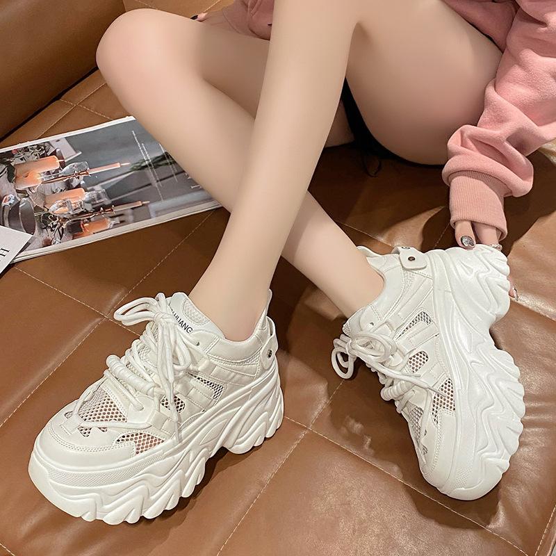 Popular 2025 Spring New Thick-soled Muffin, Inner Height Increase Mesh Breathable Little White Shoes, Versatile Casual Dad Shoes
