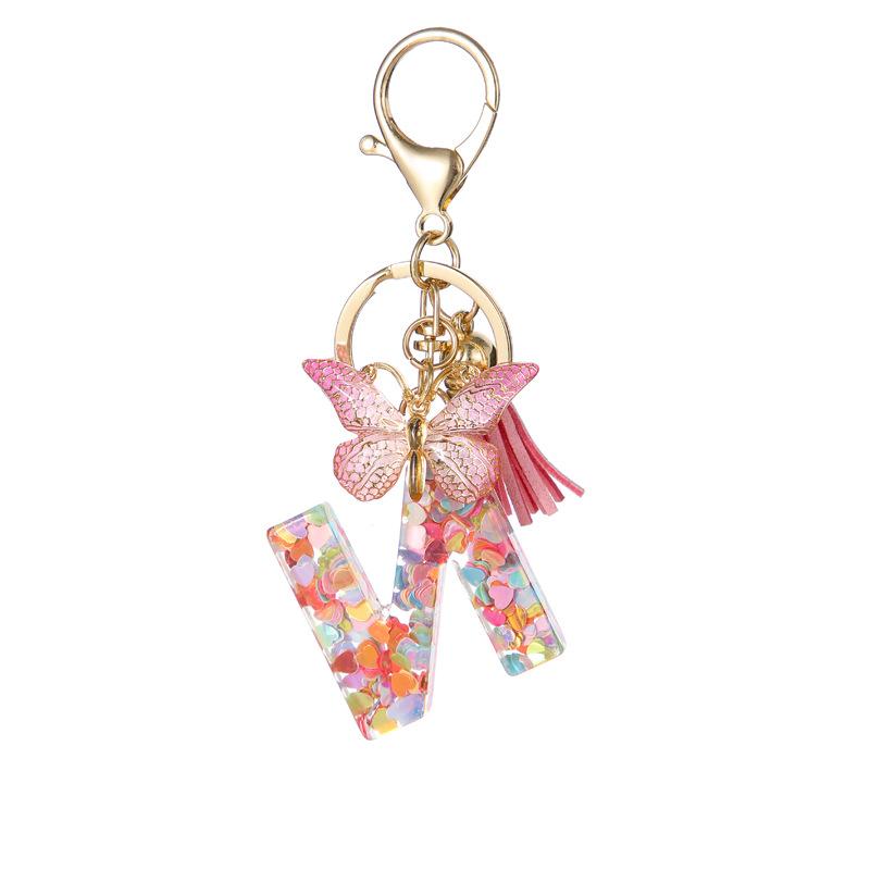 A-Z Dreamy Letters Keychain for Women Tassels Butterfly Pendant Initial Keyrings Purse Suspension Bags Car Key Chain Pink