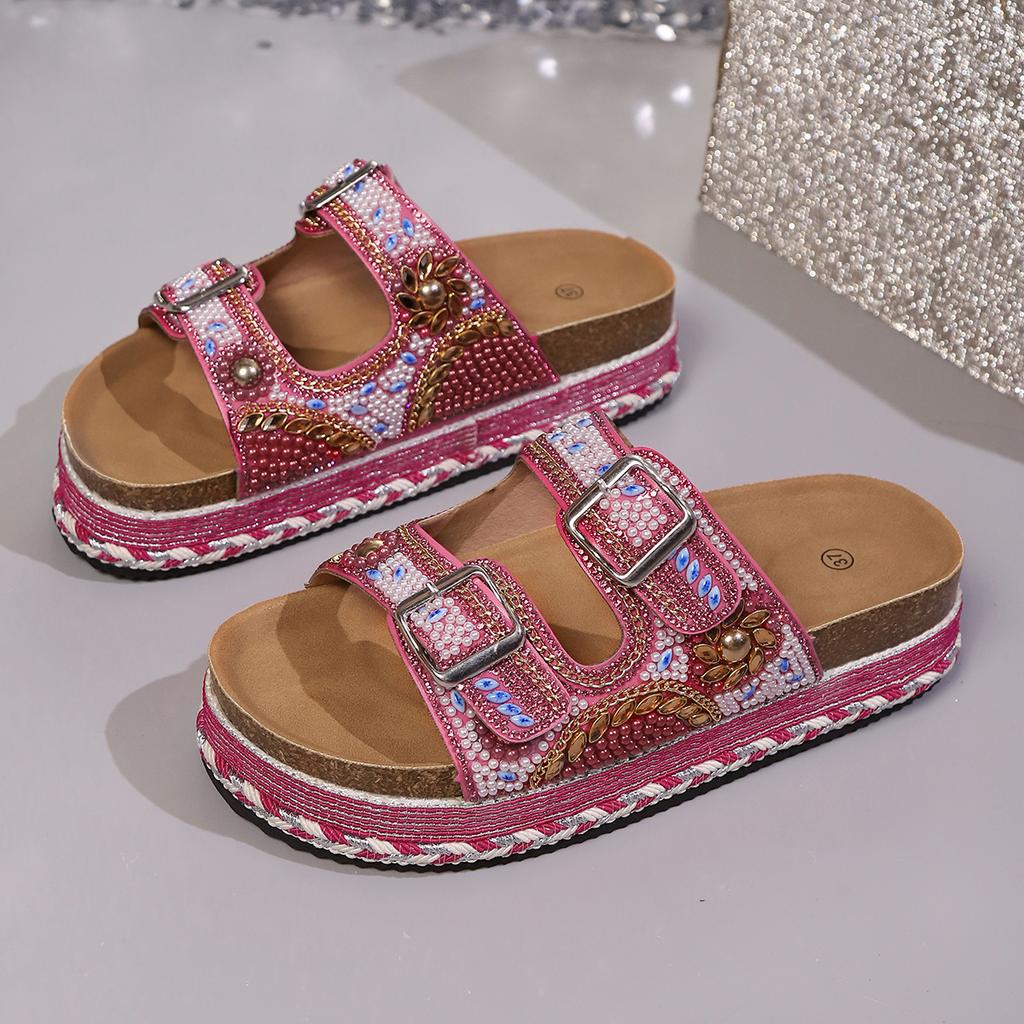 Fashion Rhinestone Platform Cool Mopping Women's Fashion Round Toe Open Toe Metal Buckle Anti-slip Wear-resistant Flats