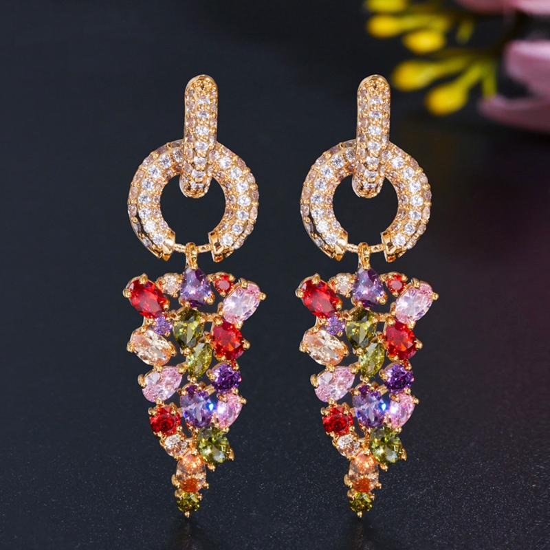 WWJ Long Dangling Drop Cluster Multicolor Zircon Women Earrings