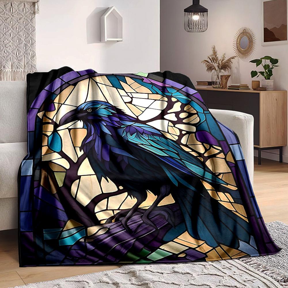1pc Stained Glass Raven Print Blanket Lightweight Flannel Throw Blanket For Sofa, Bed, Living Room, Office, Outdoor Travel, Camping