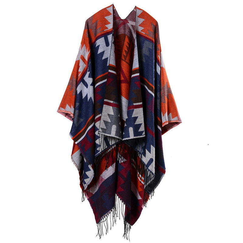 DX Indian Geometric Rhombus Lengthened and Thickened Imitation Cashmere Explosion Ethnic Style Travel Split Shawl Cape