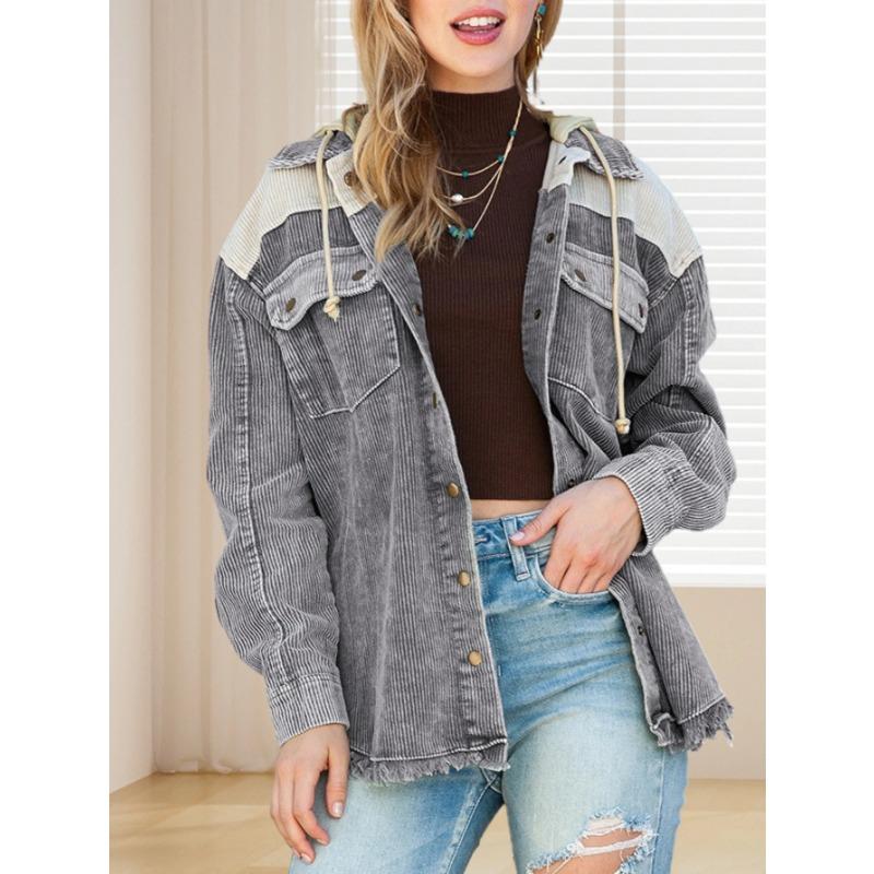 Women Corduroy Jacket Casual Coat Hooded Single Breasted Pockets Patchwork Tops Overcoat 2025 Female Streetwear Outerwear
