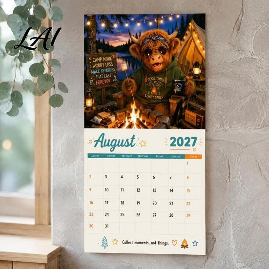 Highland Cow Wall Calendar 2027 Funny Calendar Cute Farm Animal 12 Month Dorm Room Accessory Scottish Hanging Planner for Rustic Home Decor Gift