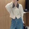Autumn and Winter Women's Sweater Leather Collar POLO Collar Splicing Knit Cardigan Zipper Lazy Wind Jacket