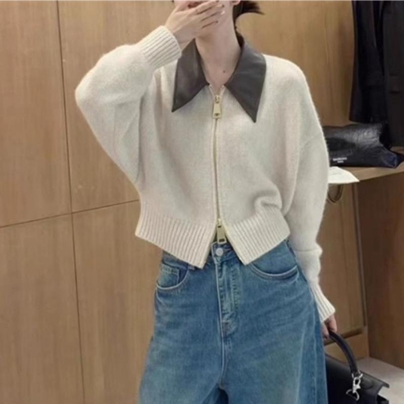Autumn and Winter Women's Sweater Leather Collar POLO Collar Splicing Knit Cardigan Zipper Lazy Wind Jacket