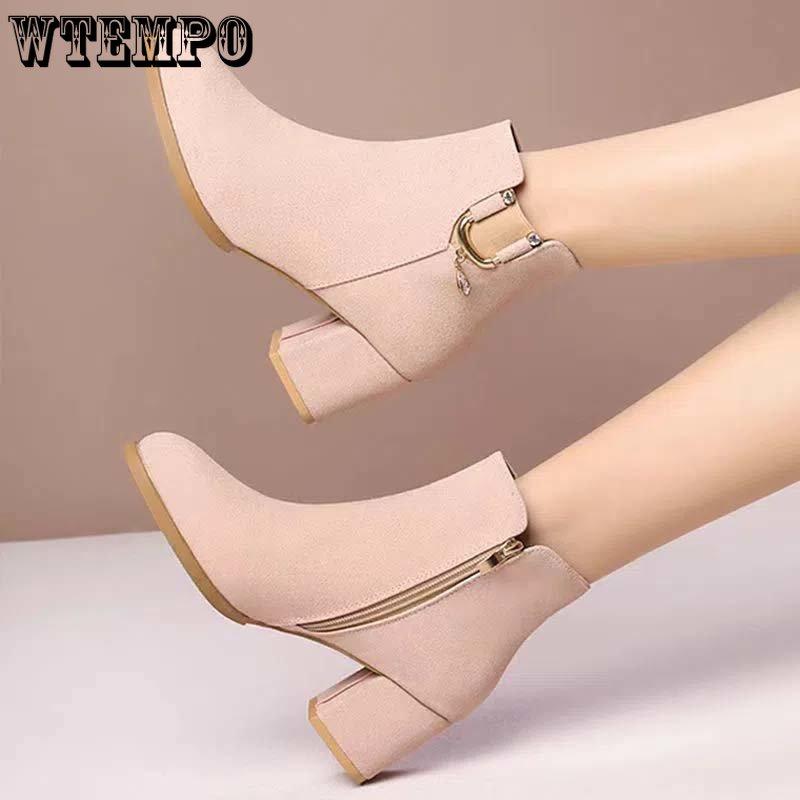 Женские кожаные ботинки из искусственной замши, матовая кожа, короткий цилиндр, на высоком каблуке с круглой головкой, водяная буровая машина, боковая молния, противоскользящие пригородные туфли на толстом каблуке, мягкая подошва