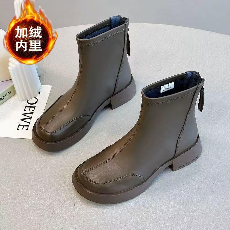 Martin boots autumn and winter popular British style square head and ankle boots square heel short leather boots women's versatile boots rear zipper