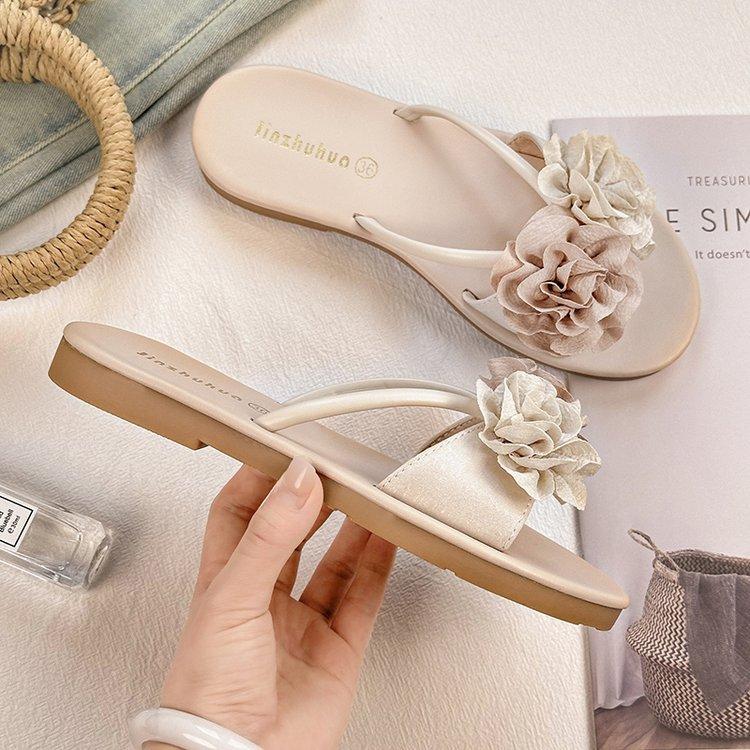 Цветок камелии крутые тапочки туфельки феи летняя обувь модные плоские пляжные сандалии на перемычке для отпуска
