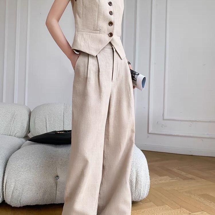 Модный комплект премиум-класса из двух частей, жилет без рукавов, хлопковый лен, широкие брюки, повседневный, для похудения