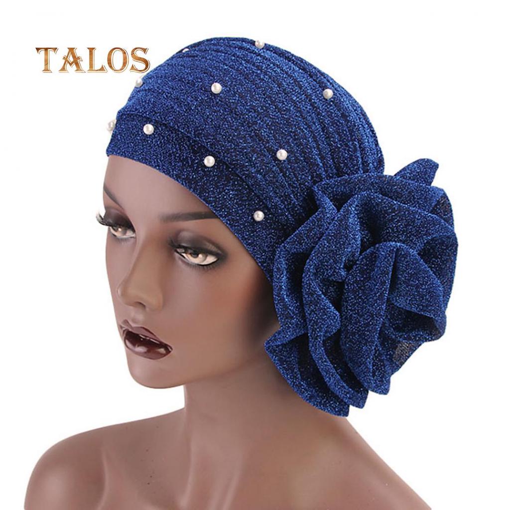 TALOS Fashion Faux Pearl Decor Big Flower Women Hijab Turban Hat Head Wrap