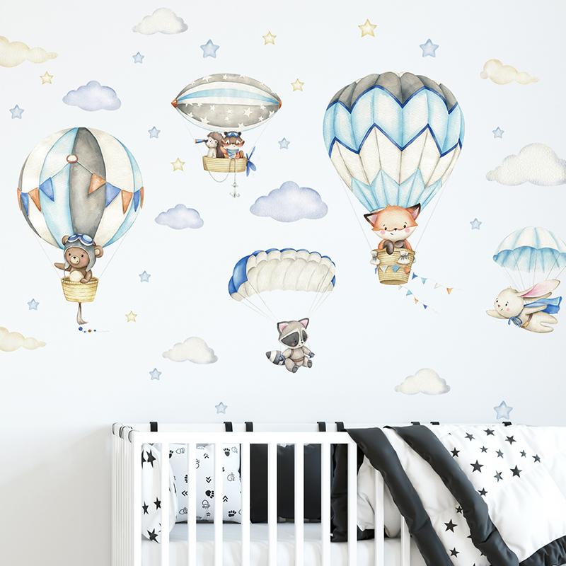 Cartoon Cute Animals Hot Air Balloon Wall Stickers For Kids Room Baby Nursery Room Wall Decals Bedroom Decoration Home Decor PVC