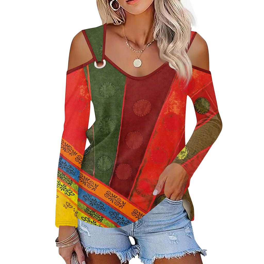 Women's Casual Shirt Blouse Print V-neck Sexy Cold Shoulder Long Sleeve Top