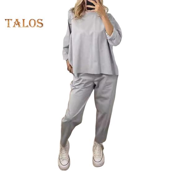 2 шт./комплект женский свитер брюки комплект круглый вырез длинный рукав топ эластичный пояс широкие спортивные штаны спортивный наряд осень повседневная одежда для поездок на работу