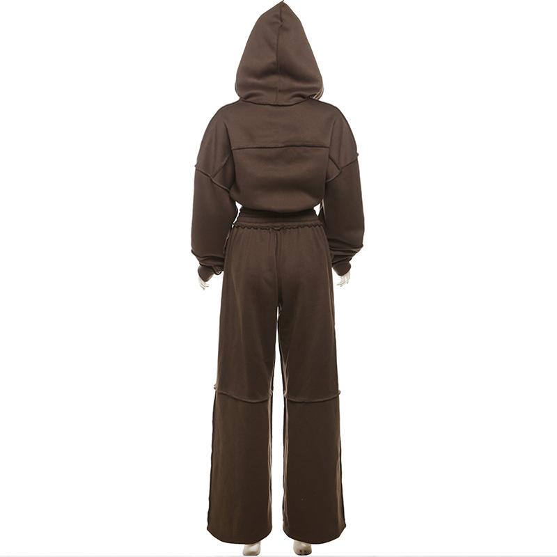 Women Casual Classic Solid Tracksuit Panelled Stripes Sporty Simple Hooded Zip Jacket Loose Wide Leg Pants Two Piece Sets